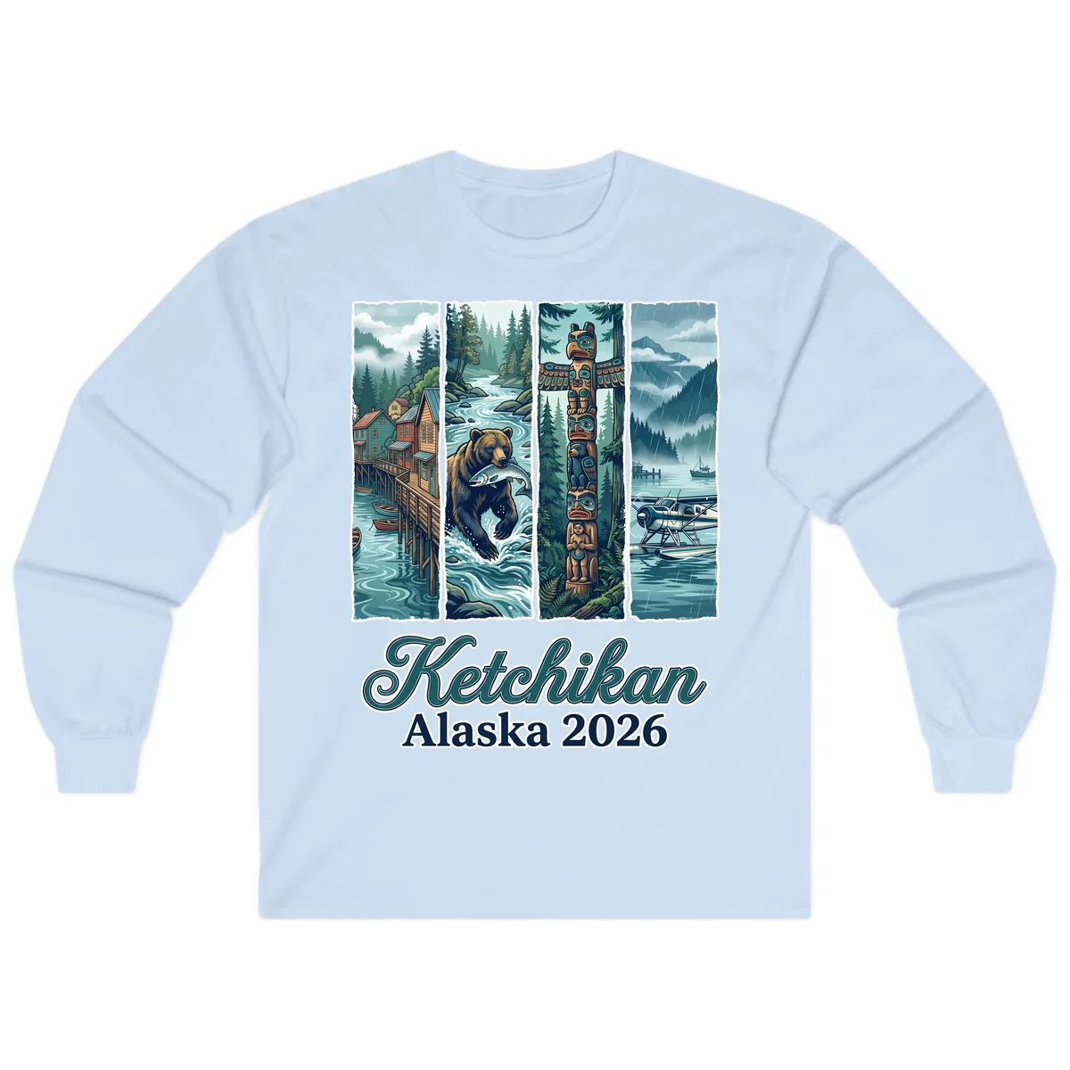 Ketchikan Alaska 2026 Scenic Panel Long Sleeve Tee in Light Blue