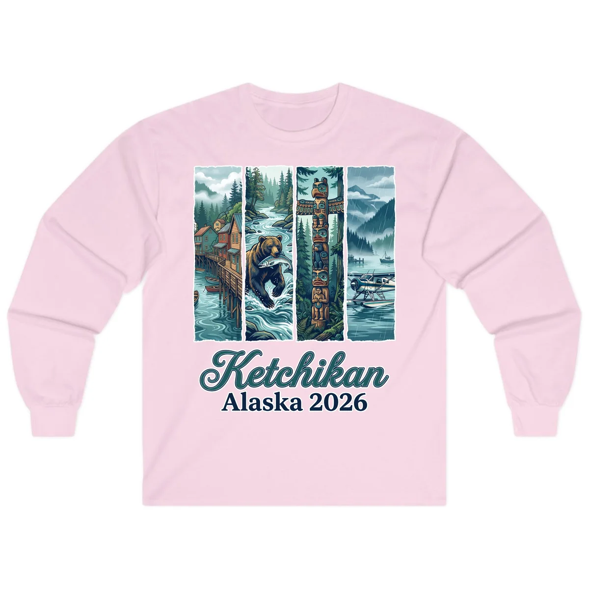 Ketchikan Alaska 2026 Scenic Panel Long Sleeve Tee in Light Pink
