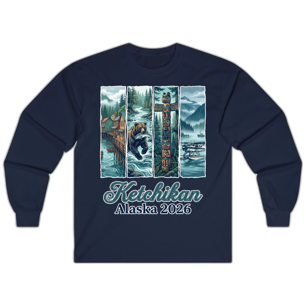 Ketchikan Alaska 2026 Scenic Panel Long Sleeve Tee in Navy