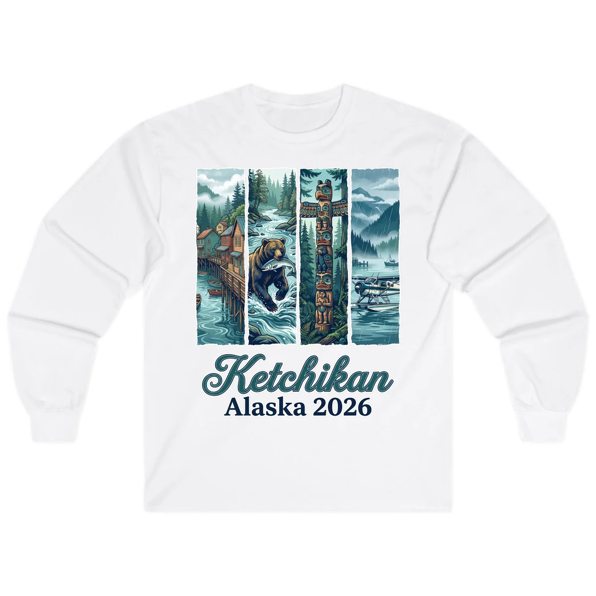Ketchikan Alaska 2026 Scenic Panel Long Sleeve Tee in White