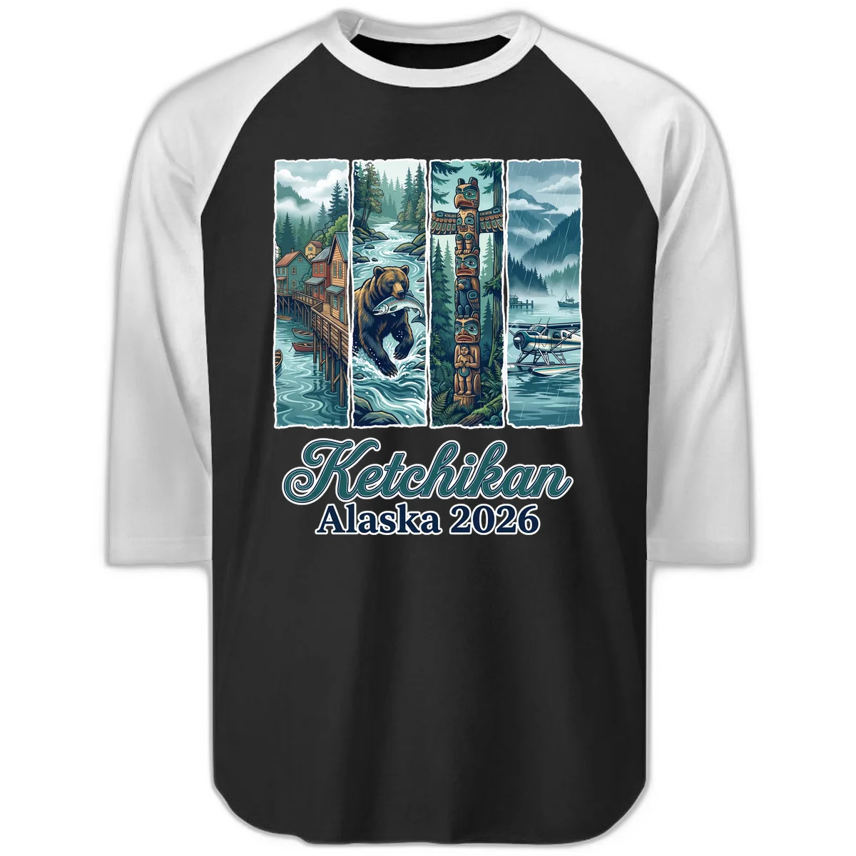 Ketchikan Alaska 2026 Scenic Panel Raglan 3/4 Sleeve in Black White