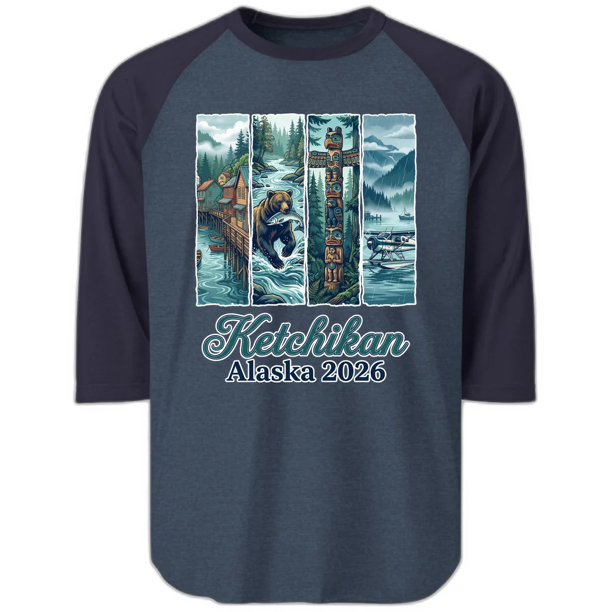 Ketchikan Alaska 2026 Scenic Panel Raglan 3/4 Sleeve in Heather Denim Navy