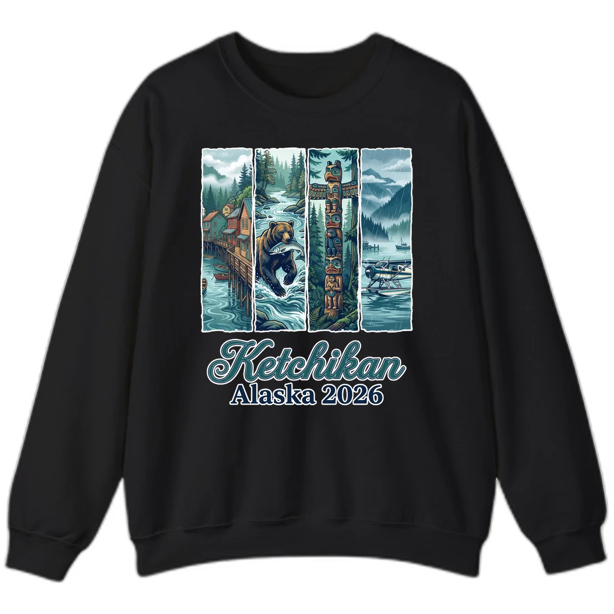Ketchikan Alaska 2026 Scenic Panel Crewneck Sweatshirt in Black