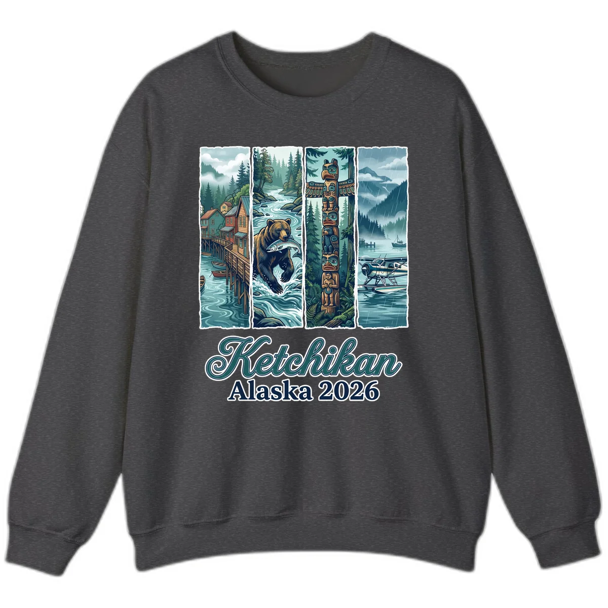 Ketchikan Alaska 2026 Scenic Panel Crewneck Sweatshirt in Dark Heather