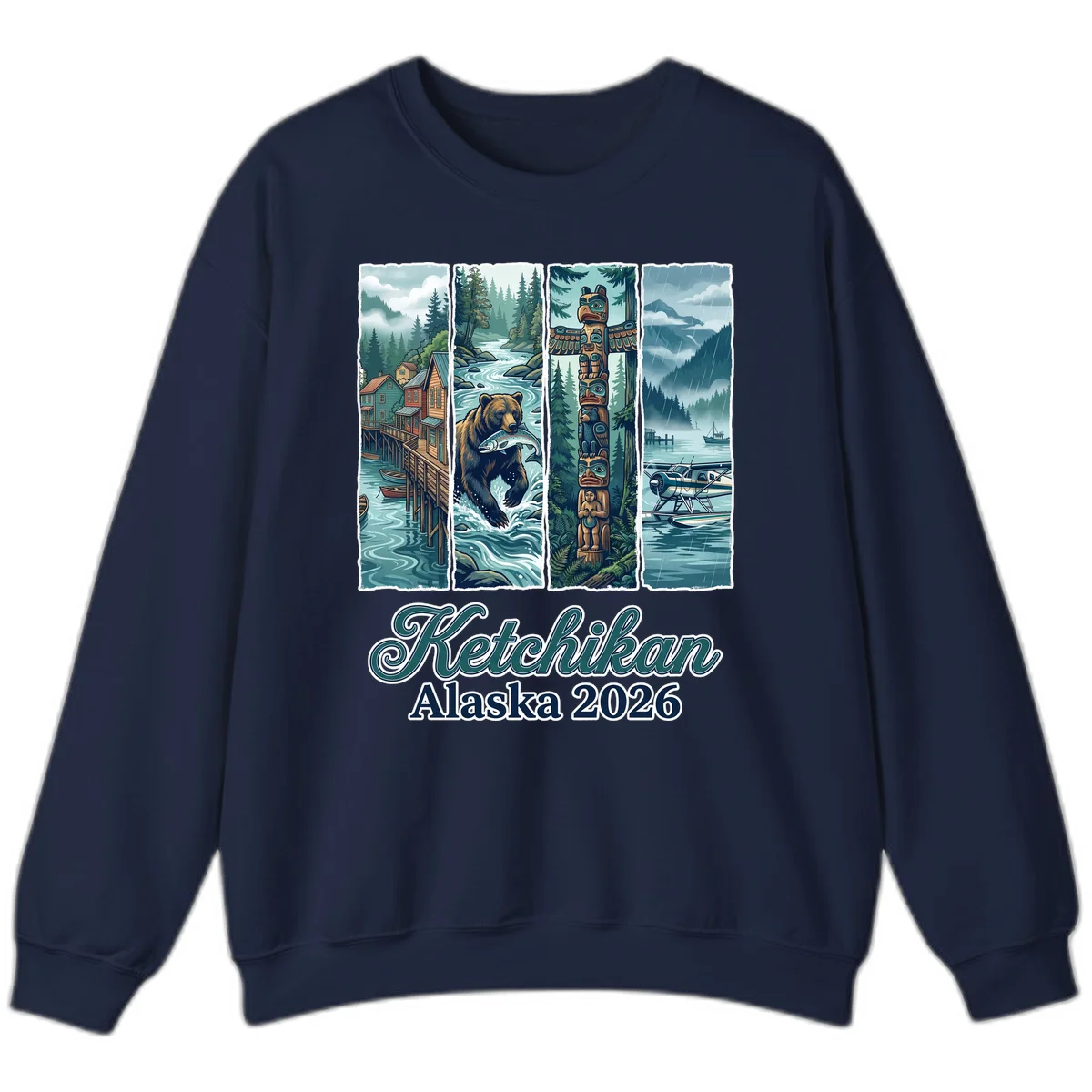 Ketchikan Alaska 2026 Scenic Panel Crewneck Sweatshirt in Navy