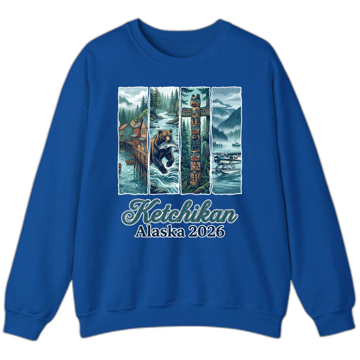 Ketchikan Alaska 2026 Scenic Panel Crewneck Sweatshirt in Royal