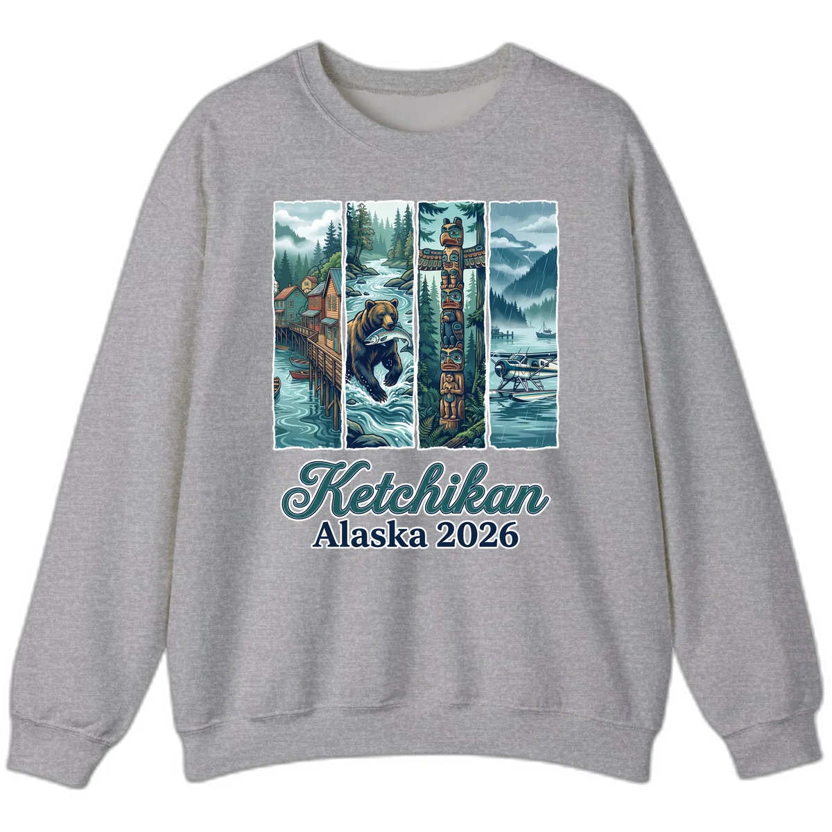 Ketchikan Alaska 2026 Scenic Panel Crewneck Sweatshirt in Sport Grey