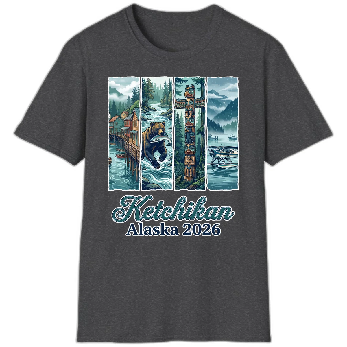 Ketchikan Alaska 2026 Scenic Panel T-Shirt in Dark Heather