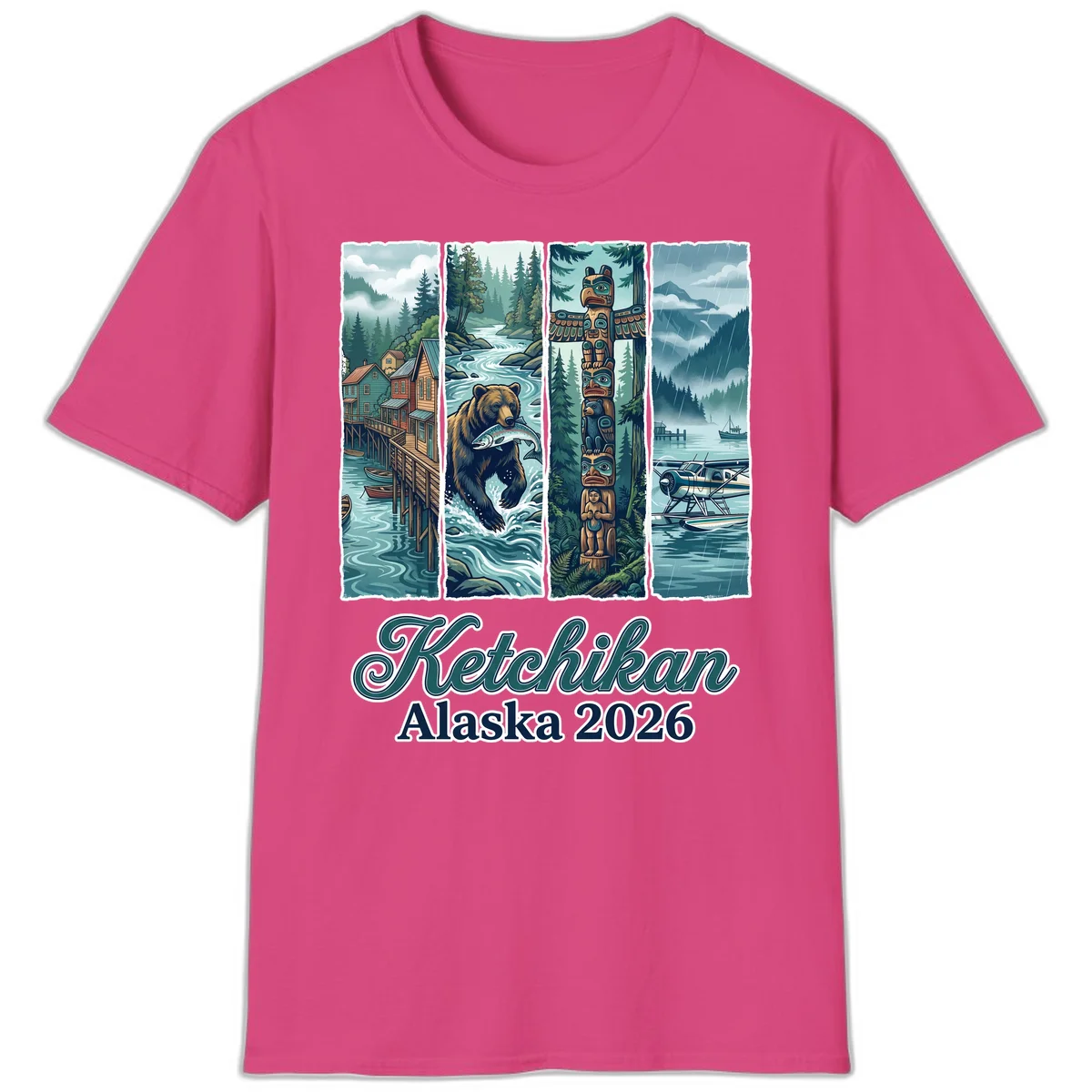 Ketchikan Alaska 2026 Scenic Panel T-Shirt in Heliconia