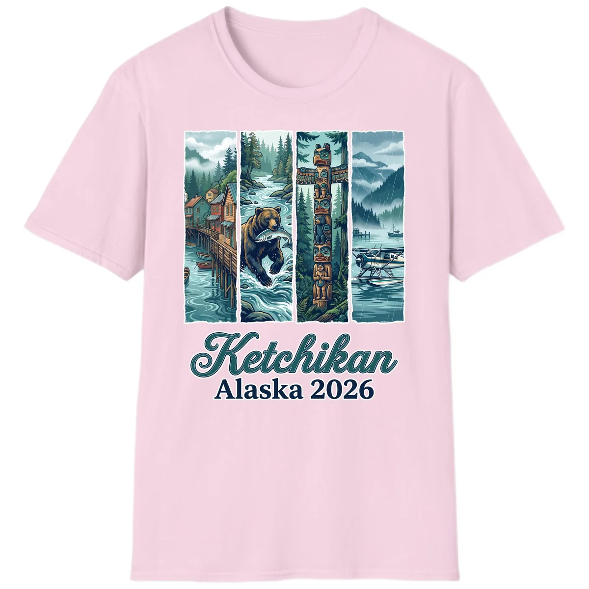 Ketchikan Alaska 2026 Scenic Panel T-Shirt in Light Pink