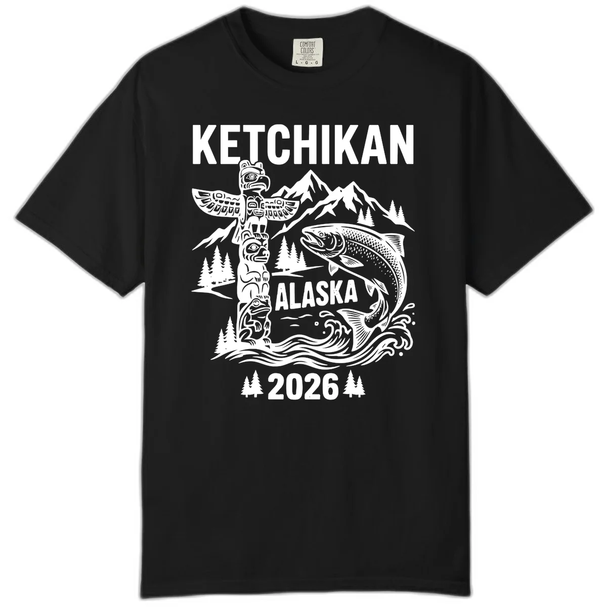 Ketchikan Alaska Totem and Salmon Comfort Color Tee in Black