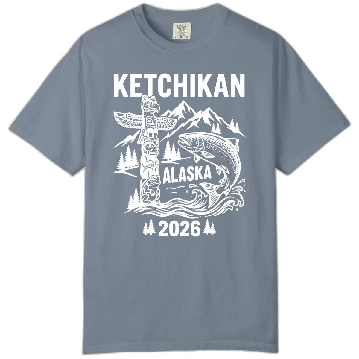 Ketchikan Alaska Totem and Salmon Comfort Color Tee in Blue Jean