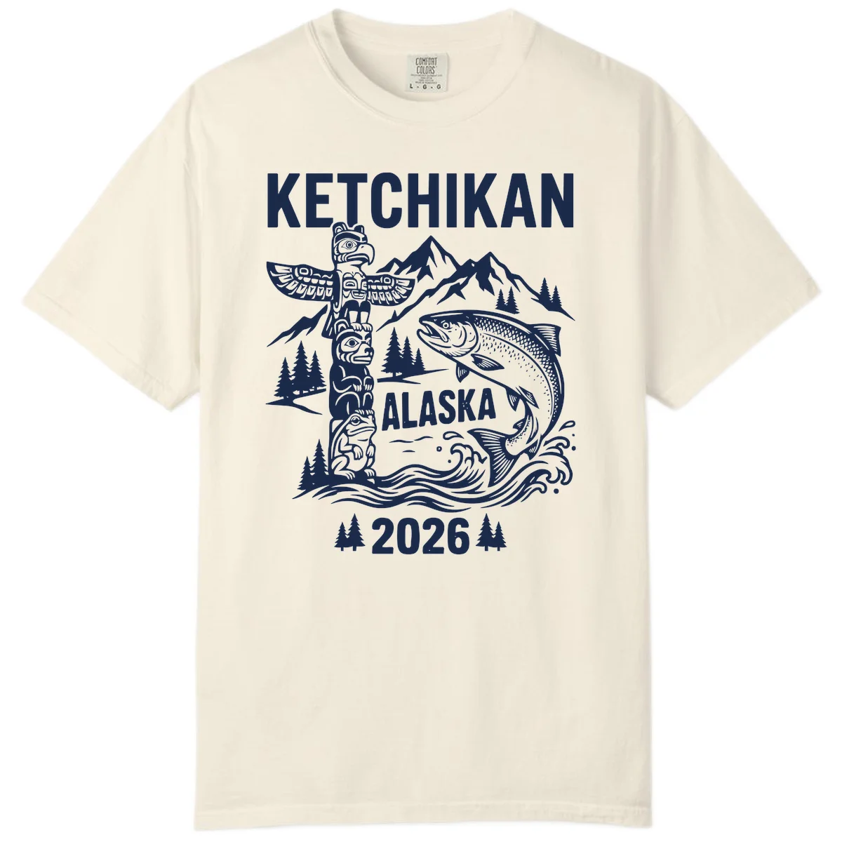 Ketchikan Alaska Totem and Salmon Comfort Color Tee in Ivory