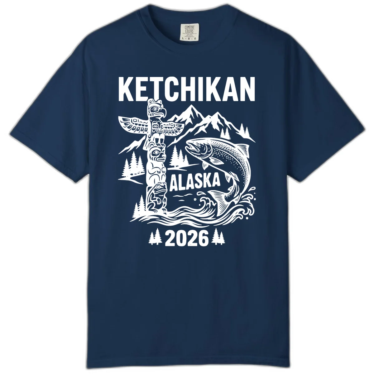 Ketchikan Alaska Totem and Salmon Comfort Color Tee in Navy