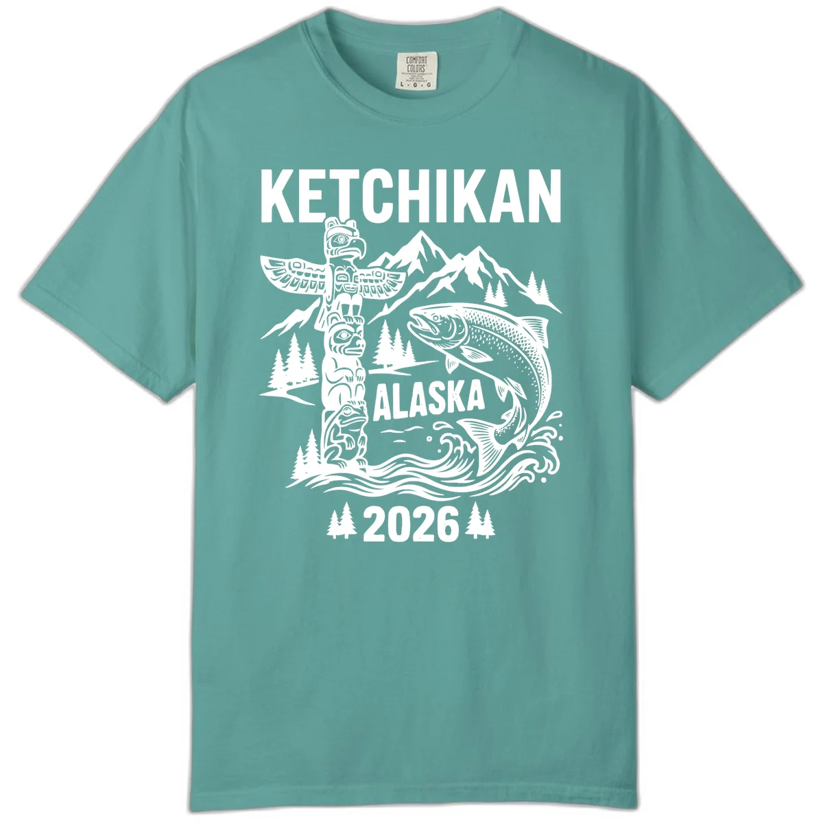 Ketchikan Alaska Totem and Salmon Comfort Color Tee in Seafoam