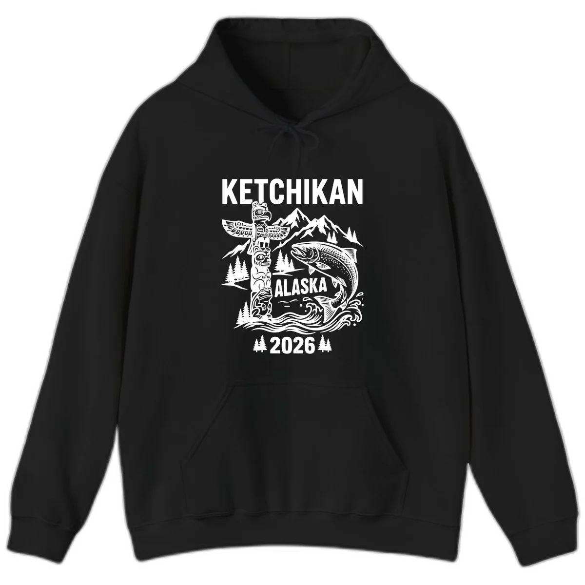Ketchikan Alaska Totem and Salmon Scene Hoodie in Black