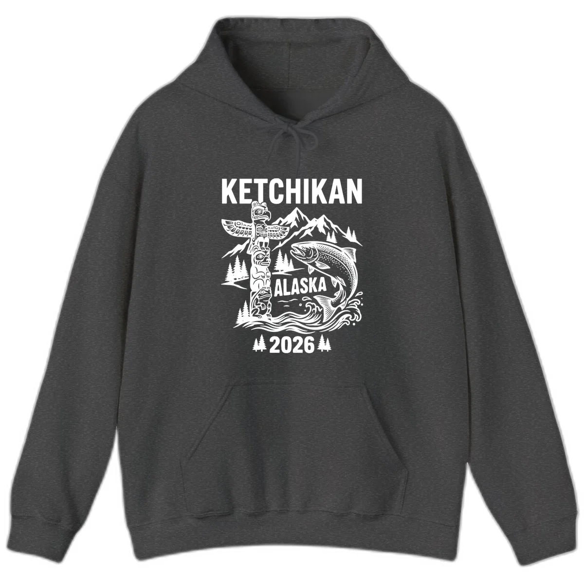 Ketchikan Alaska Totem and Salmon Scene Hoodie in Dark Heather