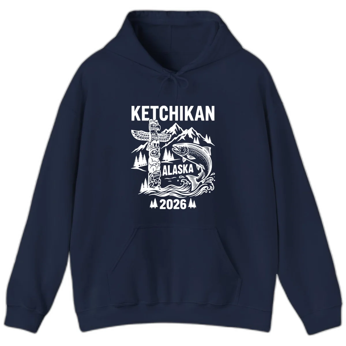 Ketchikan Alaska Totem and Salmon Scene Hoodie in Navy