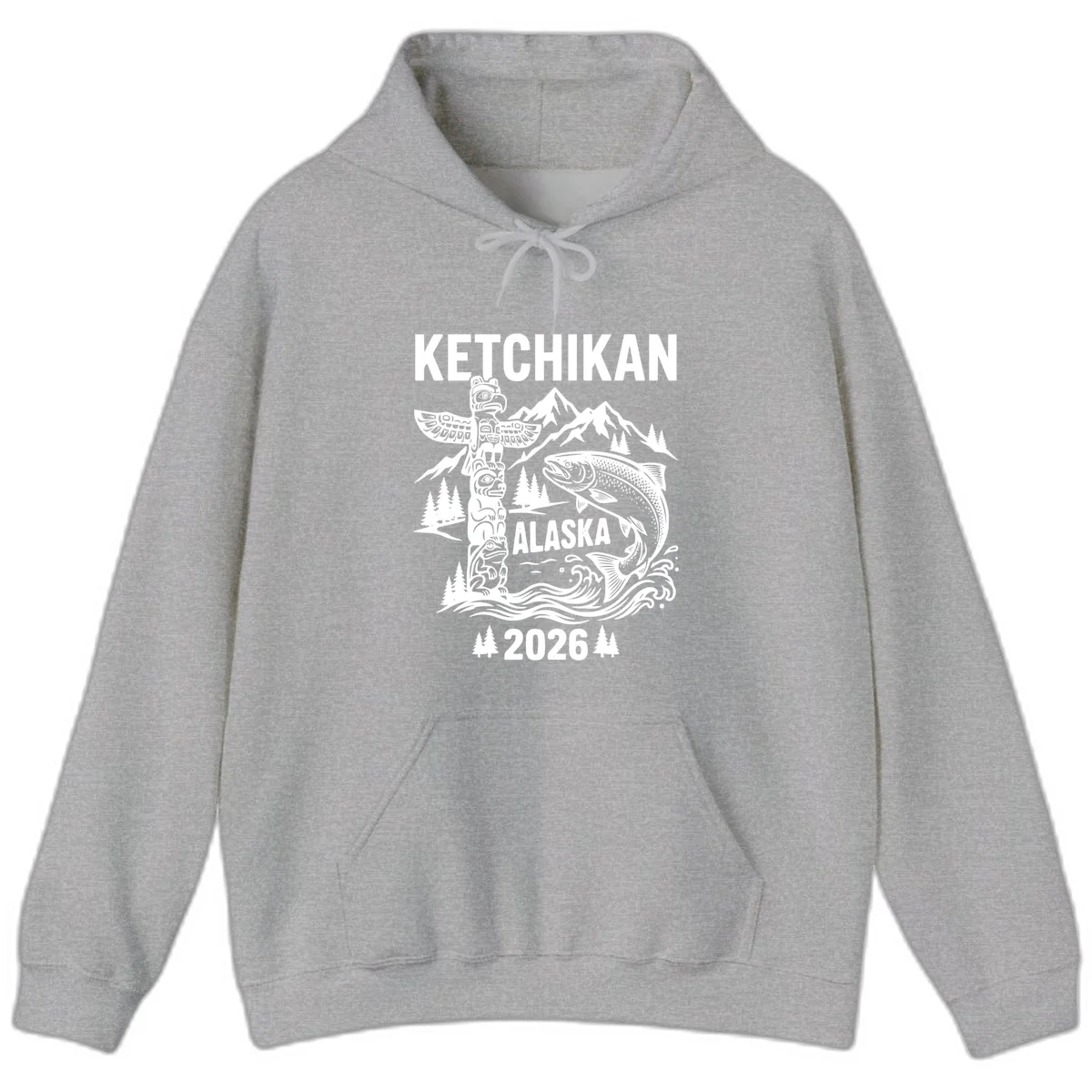 Ketchikan Alaska Totem and Salmon Scene Hoodie in Sport Grey