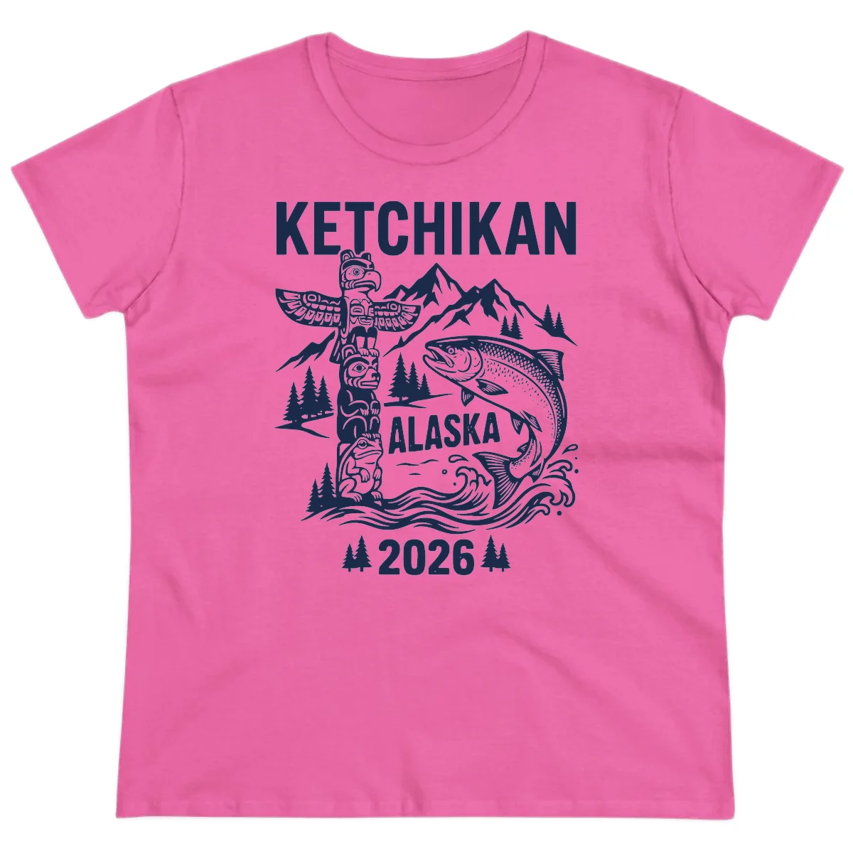 Ketchikan Alaska Totem and Salmon Scene Ladies Tee in Azalea