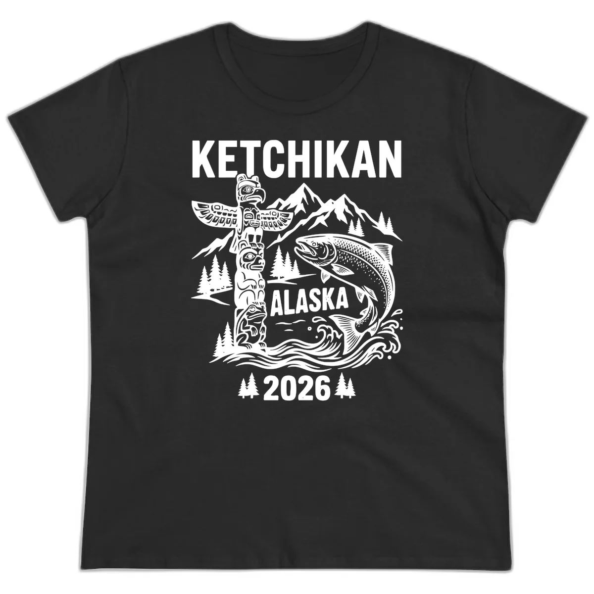 Ketchikan Alaska Totem and Salmon Scene Ladies Tee in Black