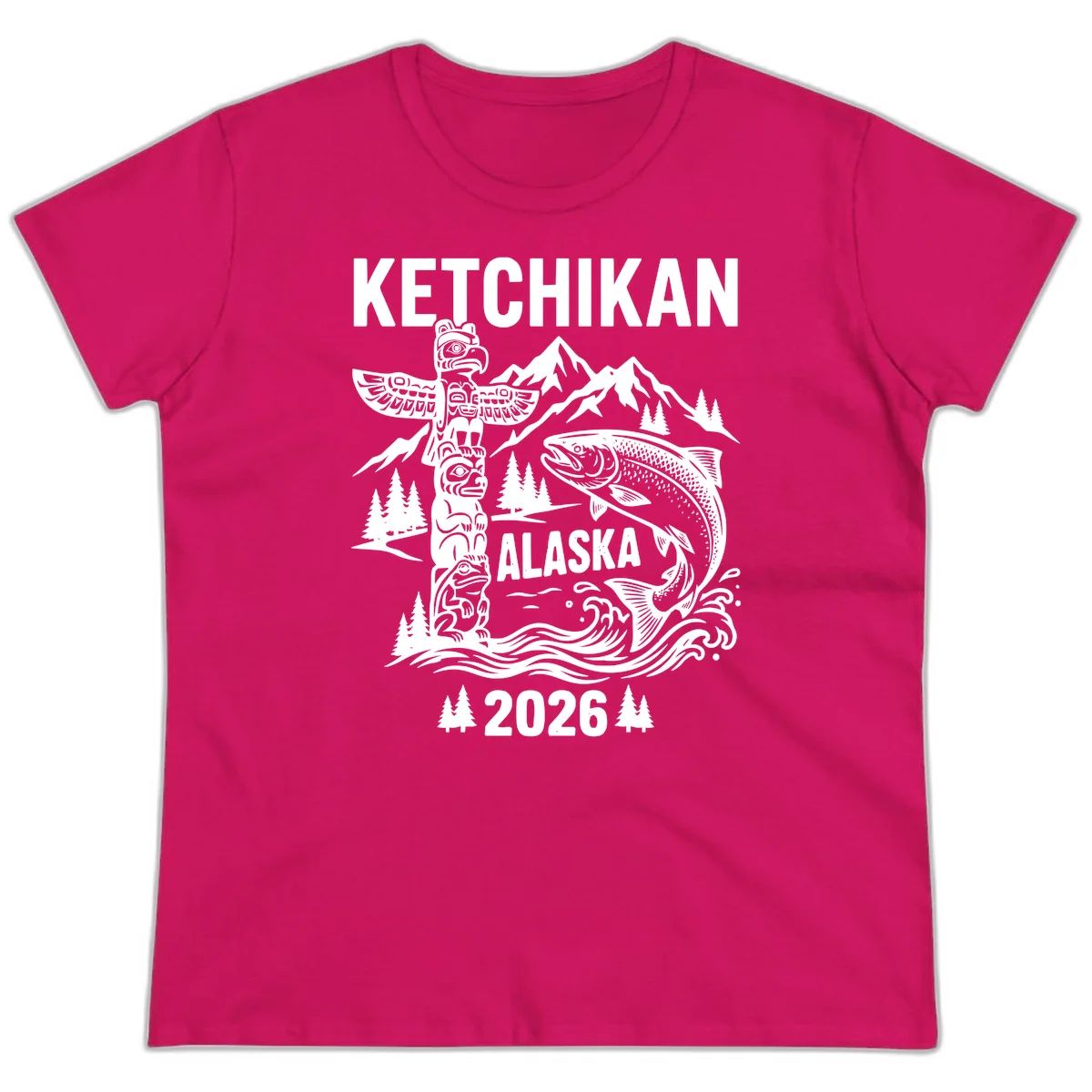 Ketchikan Alaska Totem and Salmon Scene Ladies Tee in Heliconia