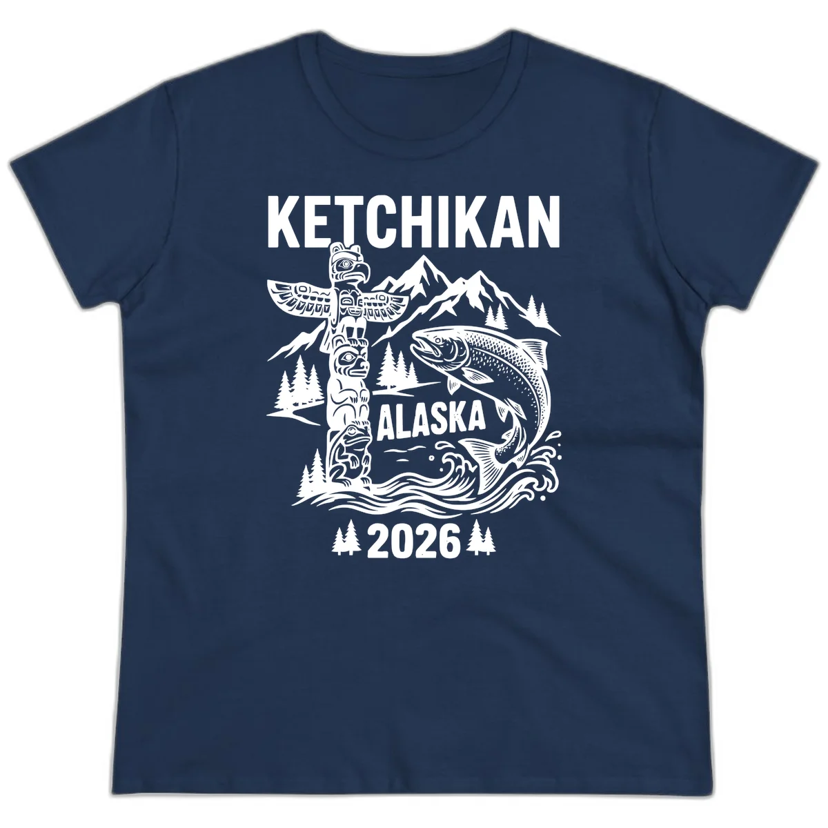 Ketchikan Alaska Totem and Salmon Scene Ladies Tee in Navy