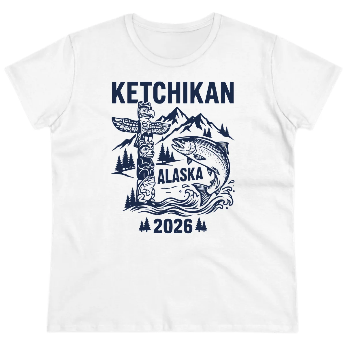 Ketchikan Alaska Totem and Salmon Scene Ladies Tee in White