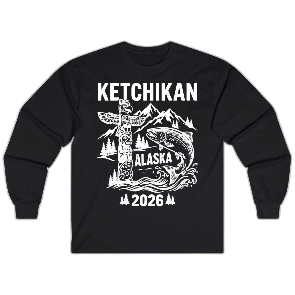 Ketchikan Alaska Totem and Salmon Scene Long Sleeve in Black