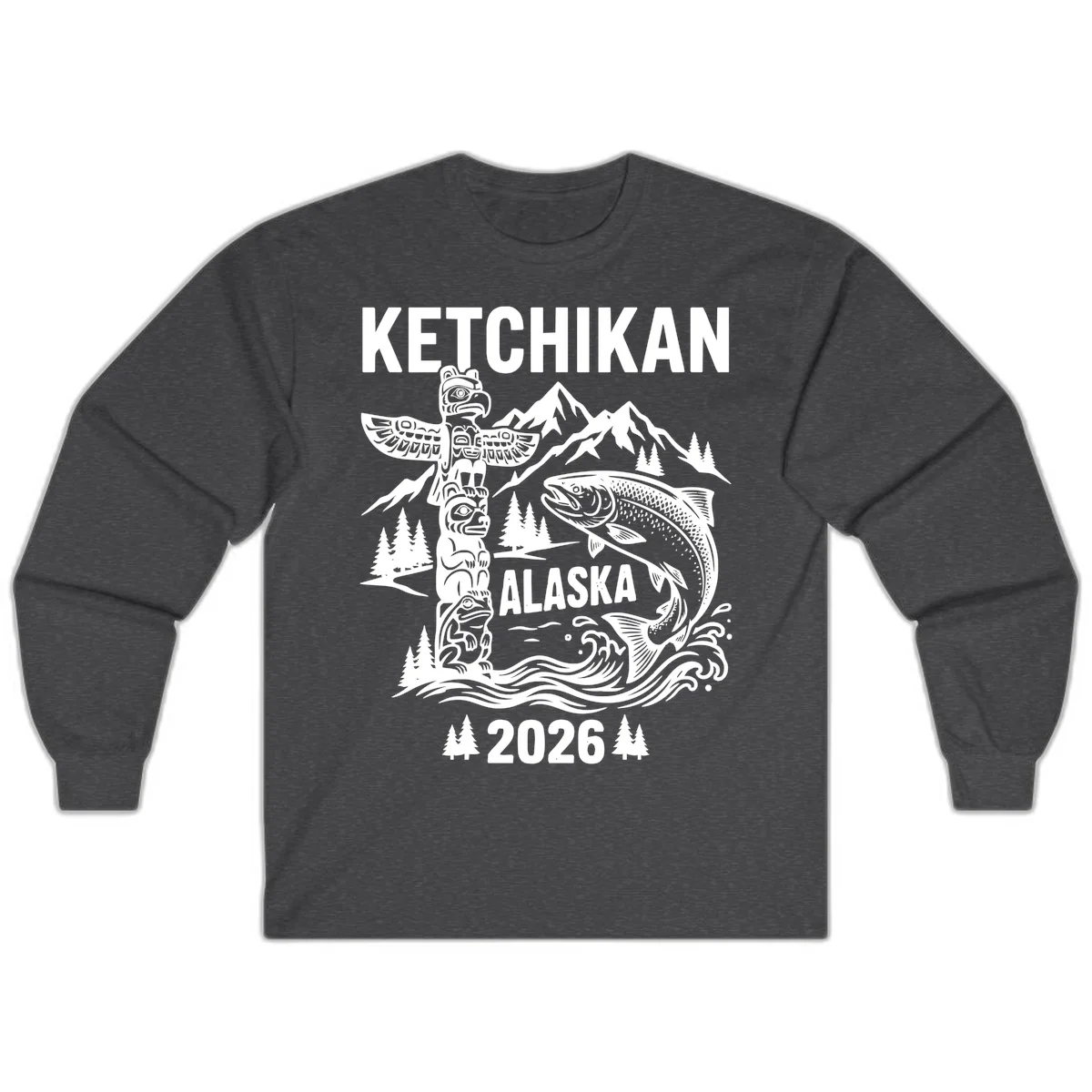 Ketchikan Alaska Totem and Salmon Scene Long Sleeve in Dark Heather