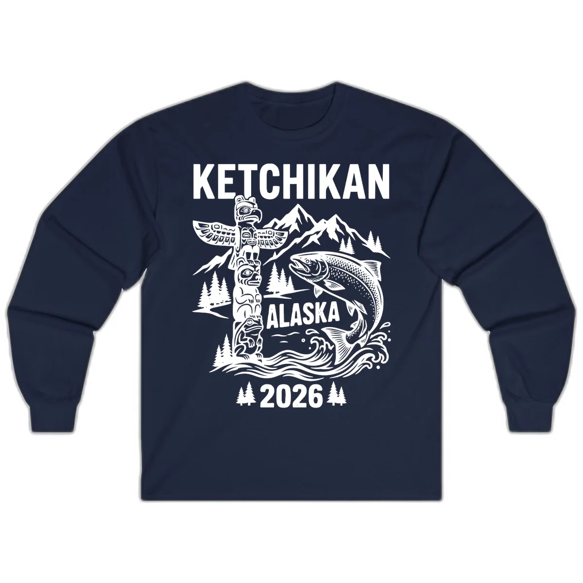 Ketchikan Alaska Totem and Salmon Scene Long Sleeve in Navy