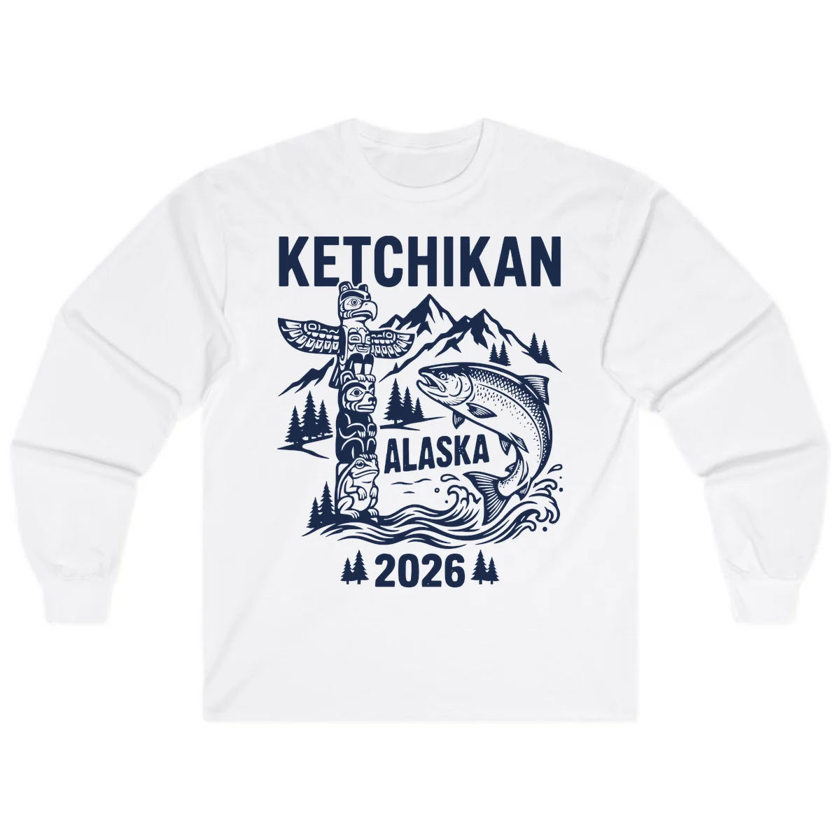 Ketchikan Alaska Totem and Salmon Scene Long Sleeve in White