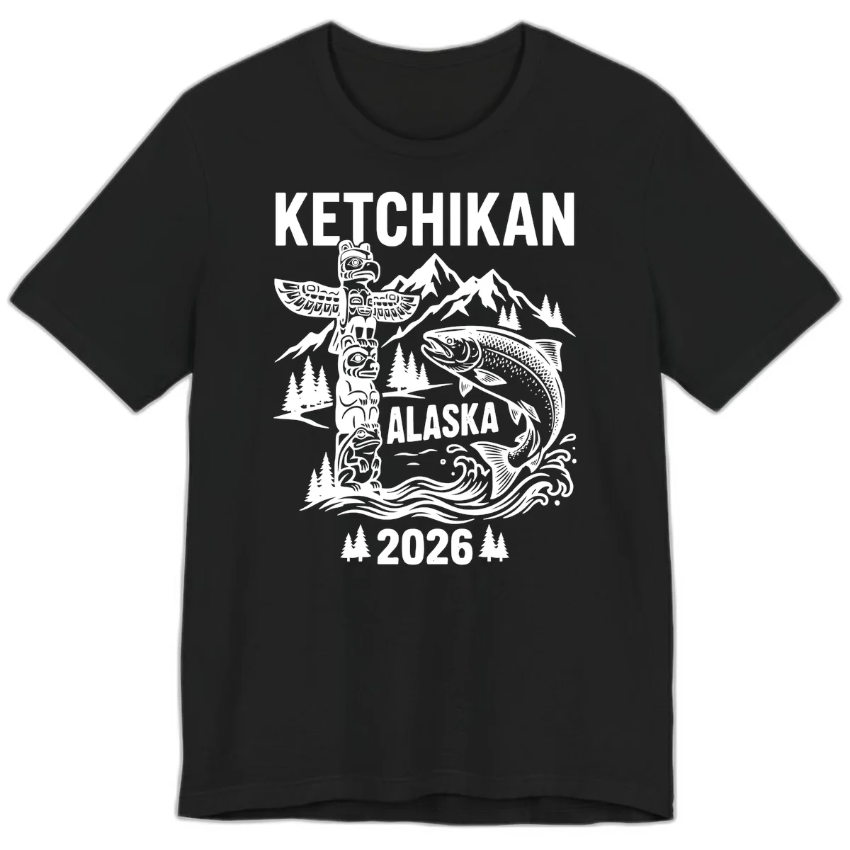 Ketchikan Alaska Totem and Salmon Scene Premium Tee in Black