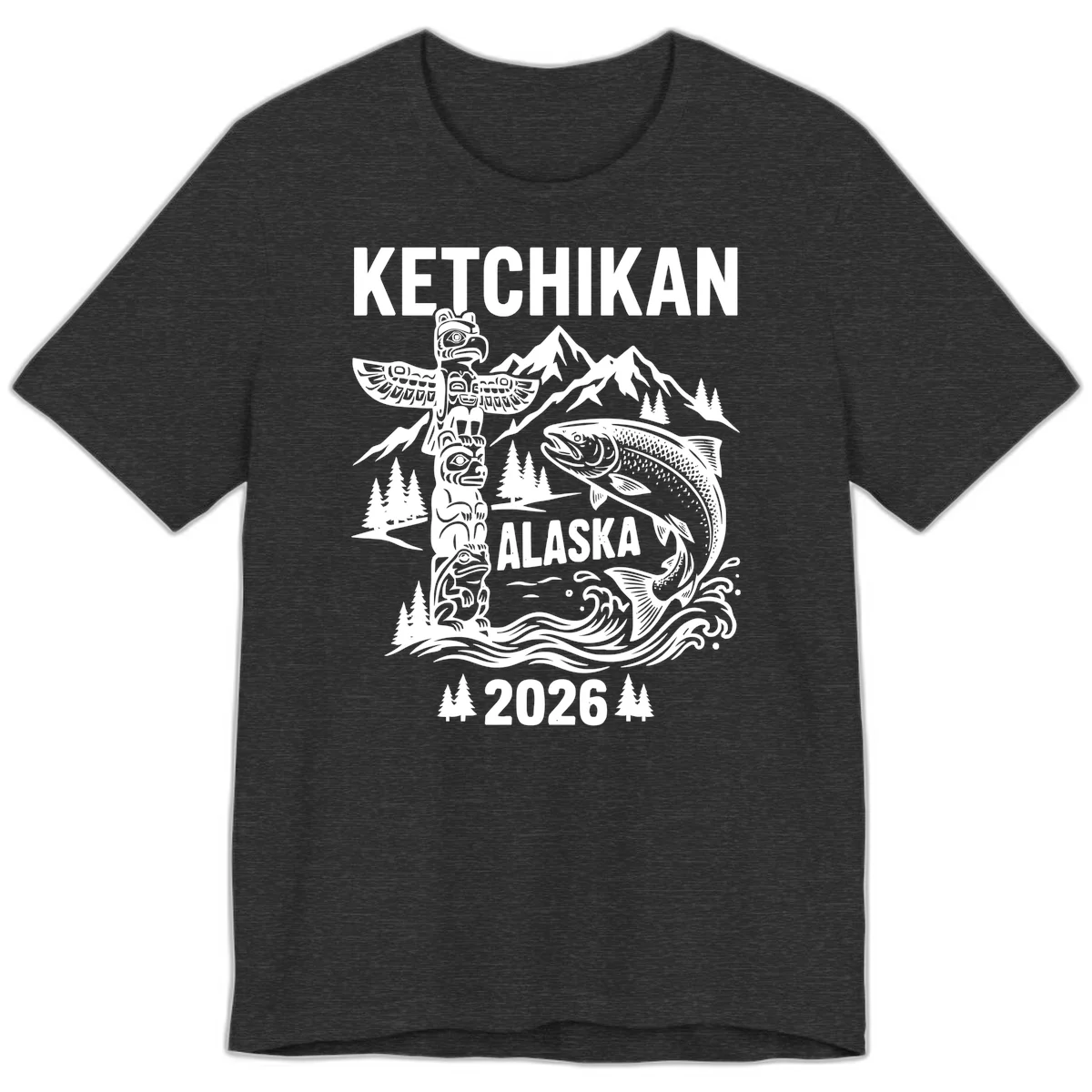 Ketchikan Alaska Totem and Salmon Scene Premium Tee in Dark Grey Heather