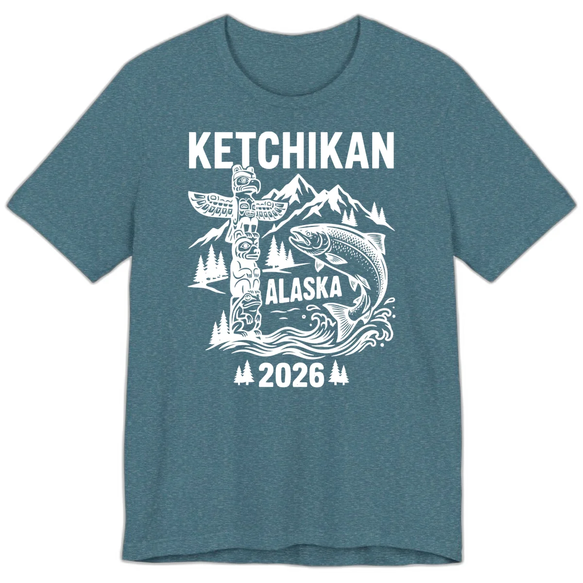 Ketchikan Alaska Totem and Salmon Scene Premium Tee in Heather Deep Teal