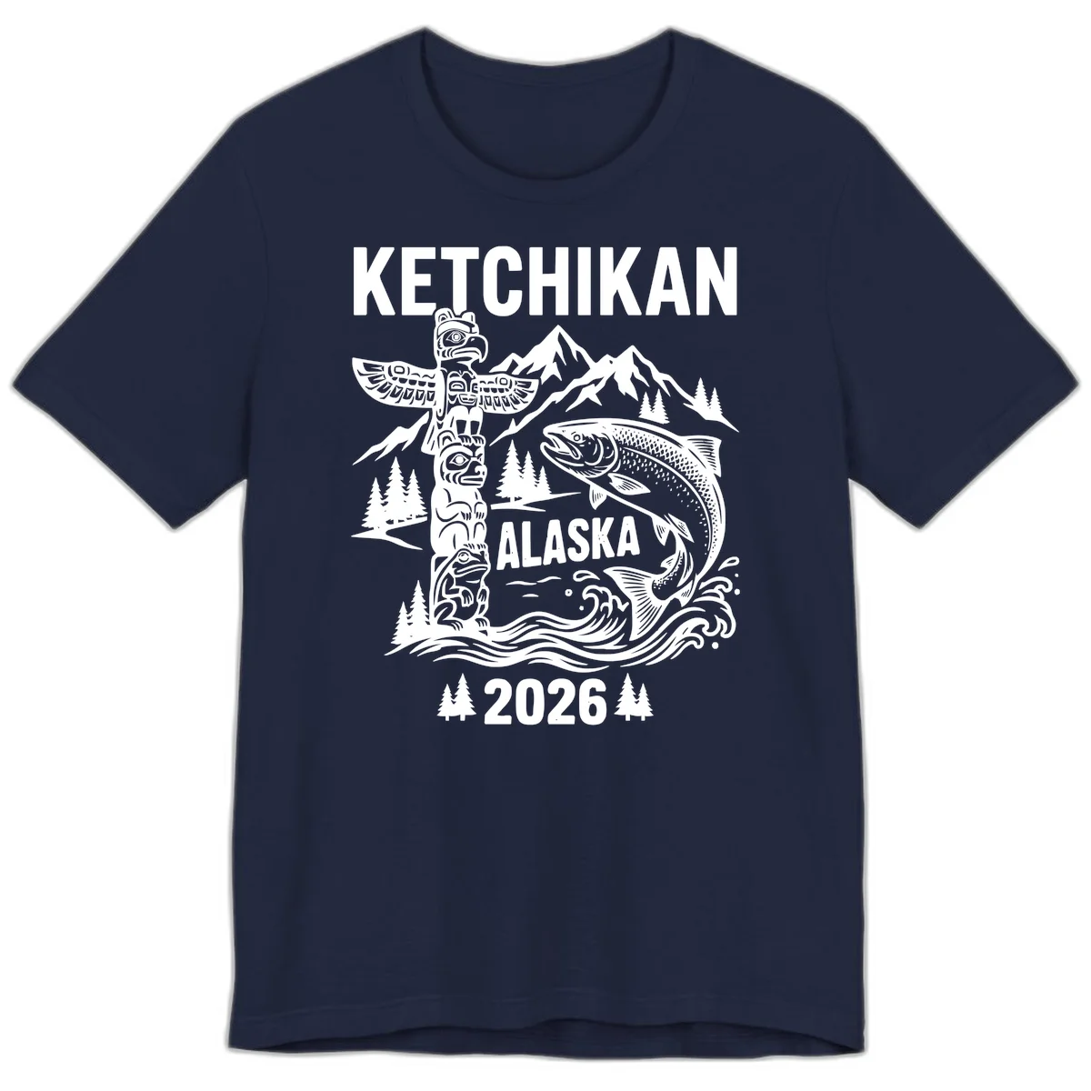 Ketchikan Alaska Totem and Salmon Scene Premium Tee in Navy