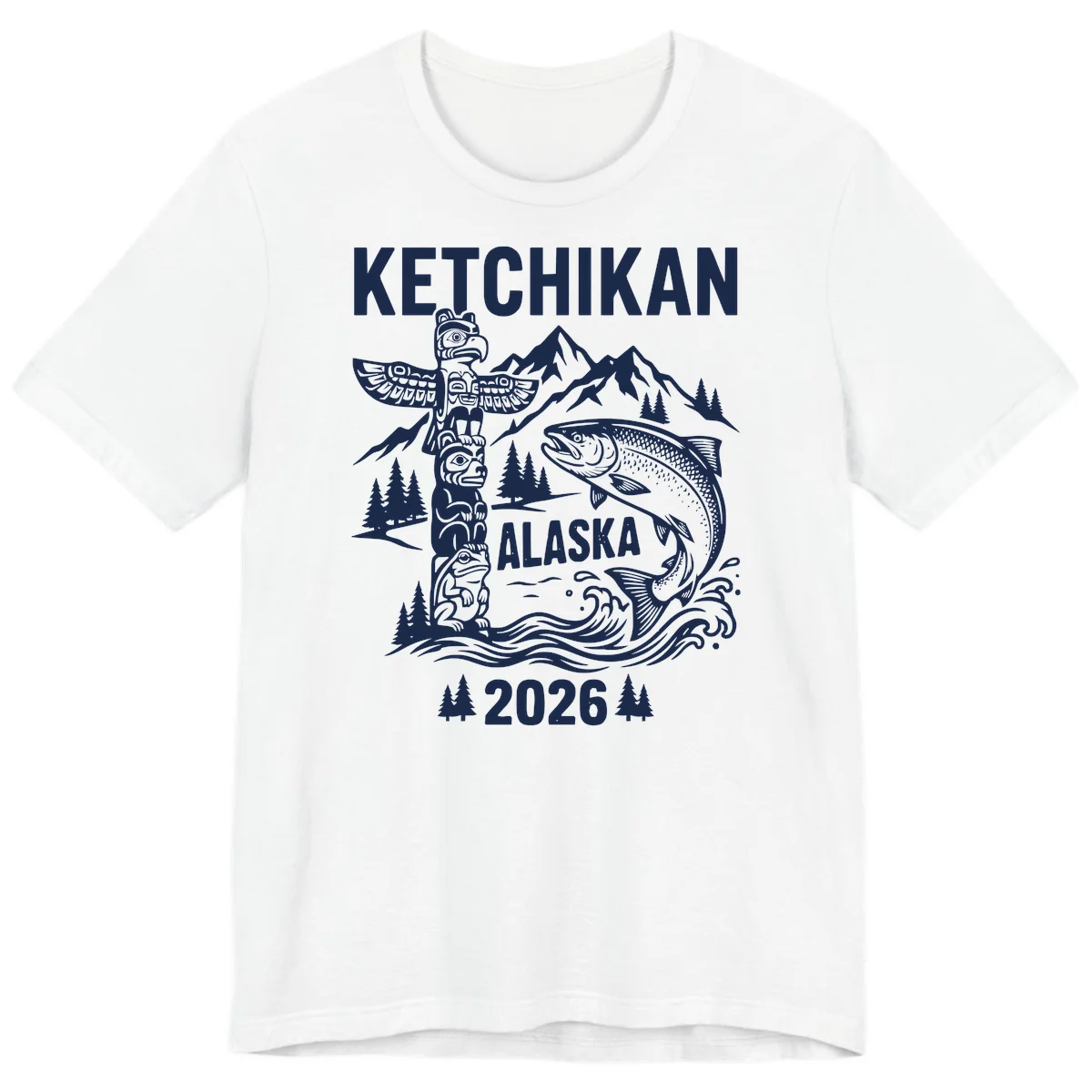 Ketchikan Alaska Totem and Salmon Scene Premium Tee in White