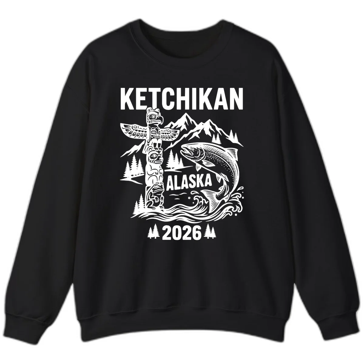 Ketchikan Alaska Totem and Salmon Scene Sweatshirt in Black