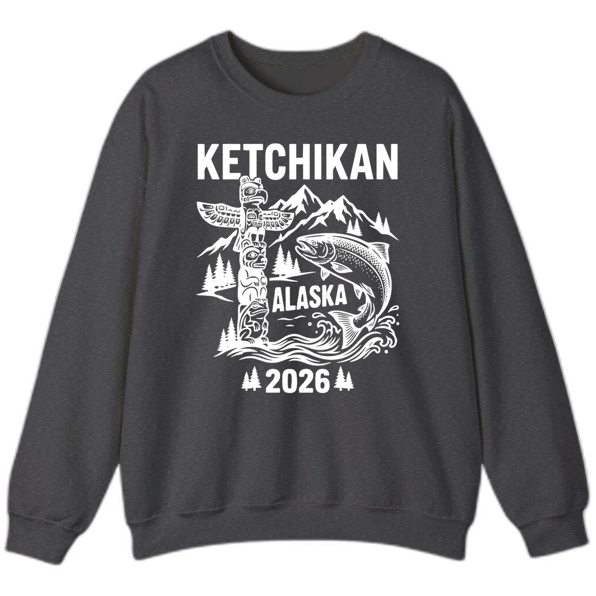 Ketchikan Alaska Totem and Salmon Scene Sweatshirt in Dark Heather