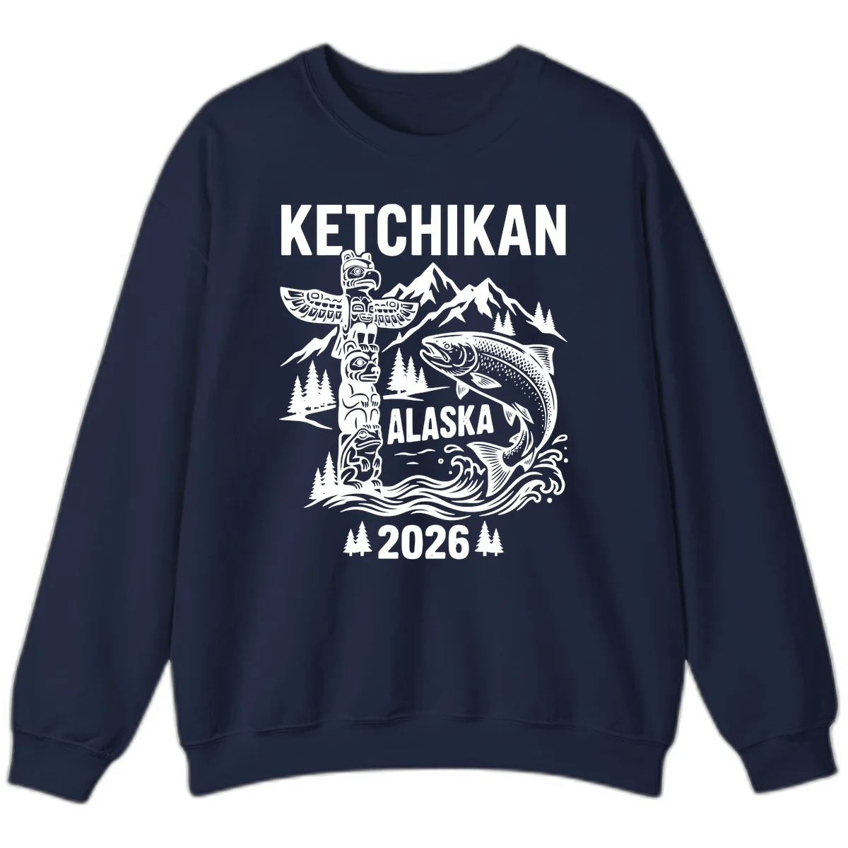 Ketchikan Alaska Totem and Salmon Scene Sweatshirt in Navy