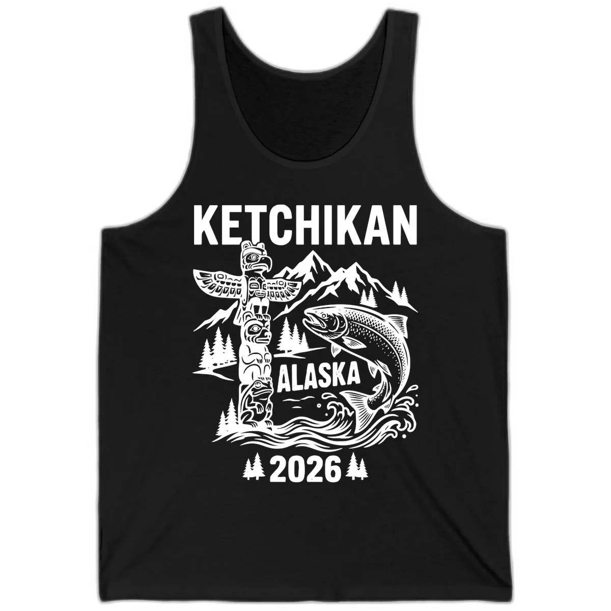 Ketchikan Alaska Totem and Salmon Scene Tank Top in Black