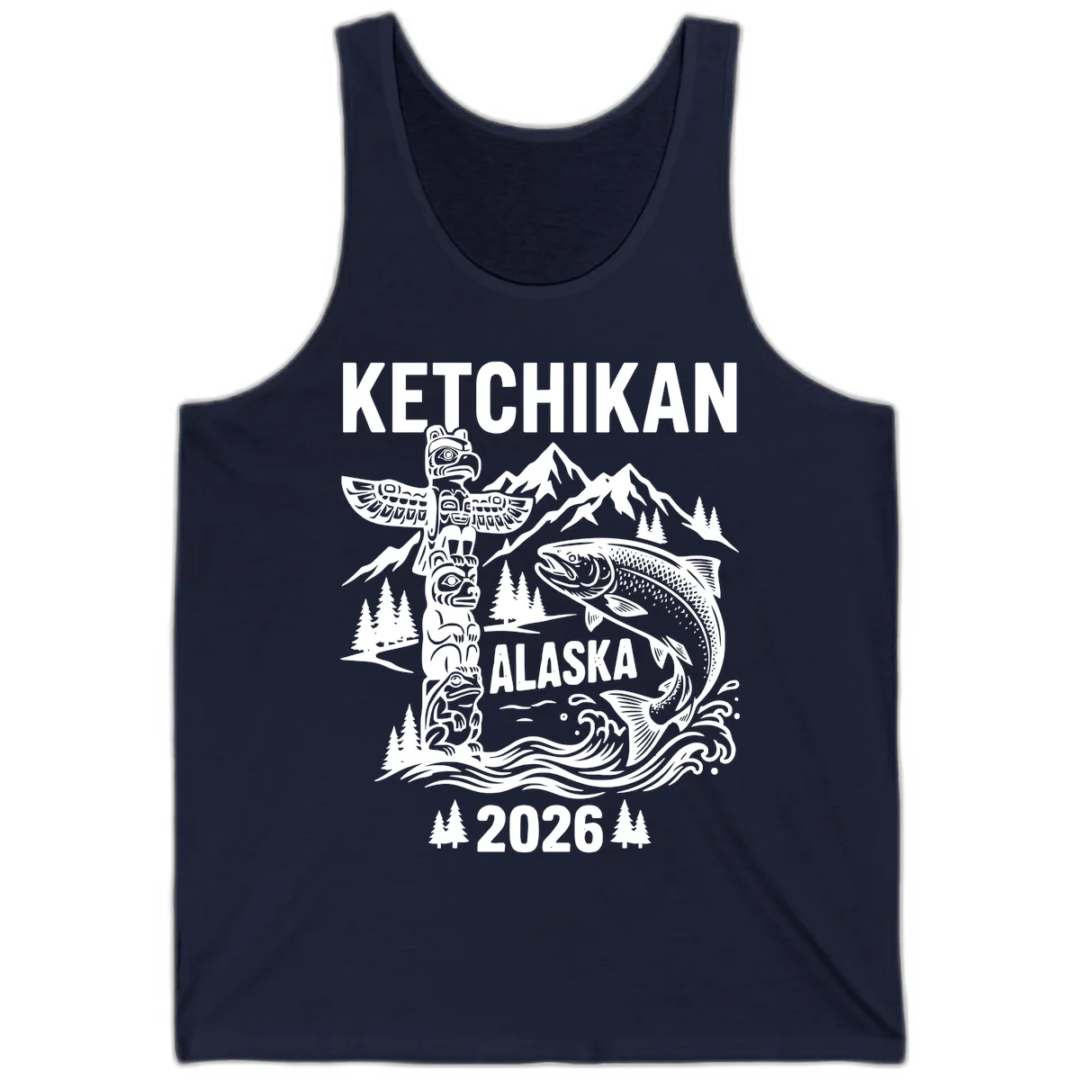 Ketchikan Alaska Totem and Salmon Scene Tank Top in Navy