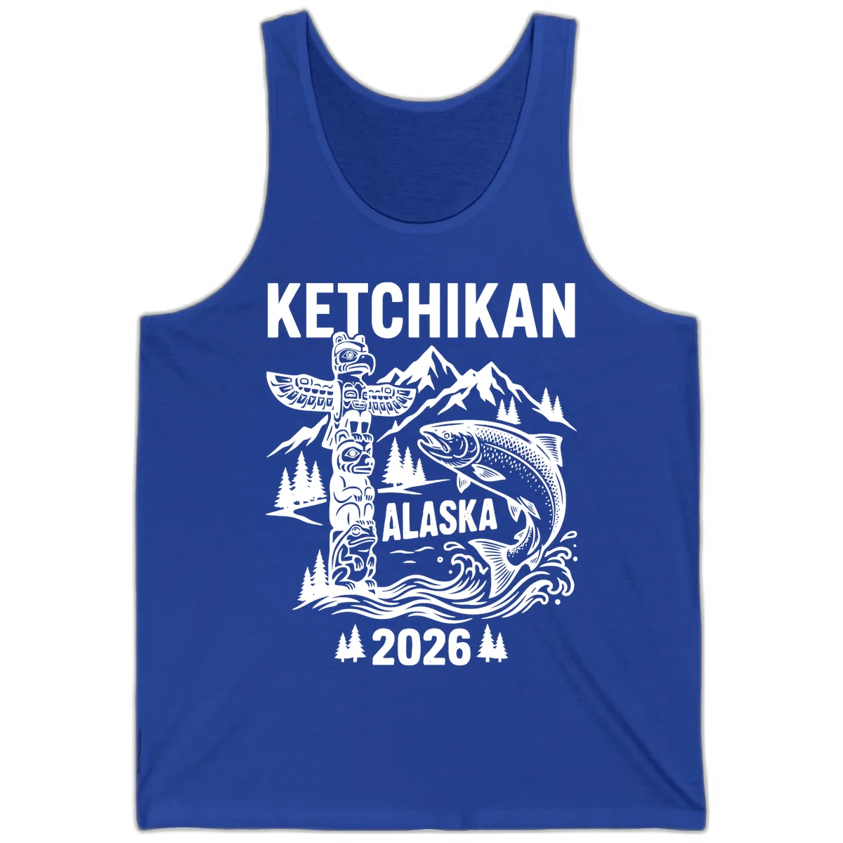 Ketchikan Alaska Totem and Salmon Scene Tank Top in True Royal
