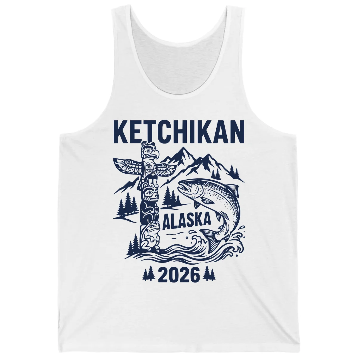 Ketchikan Alaska Totem and Salmon Scene Tank Top in White