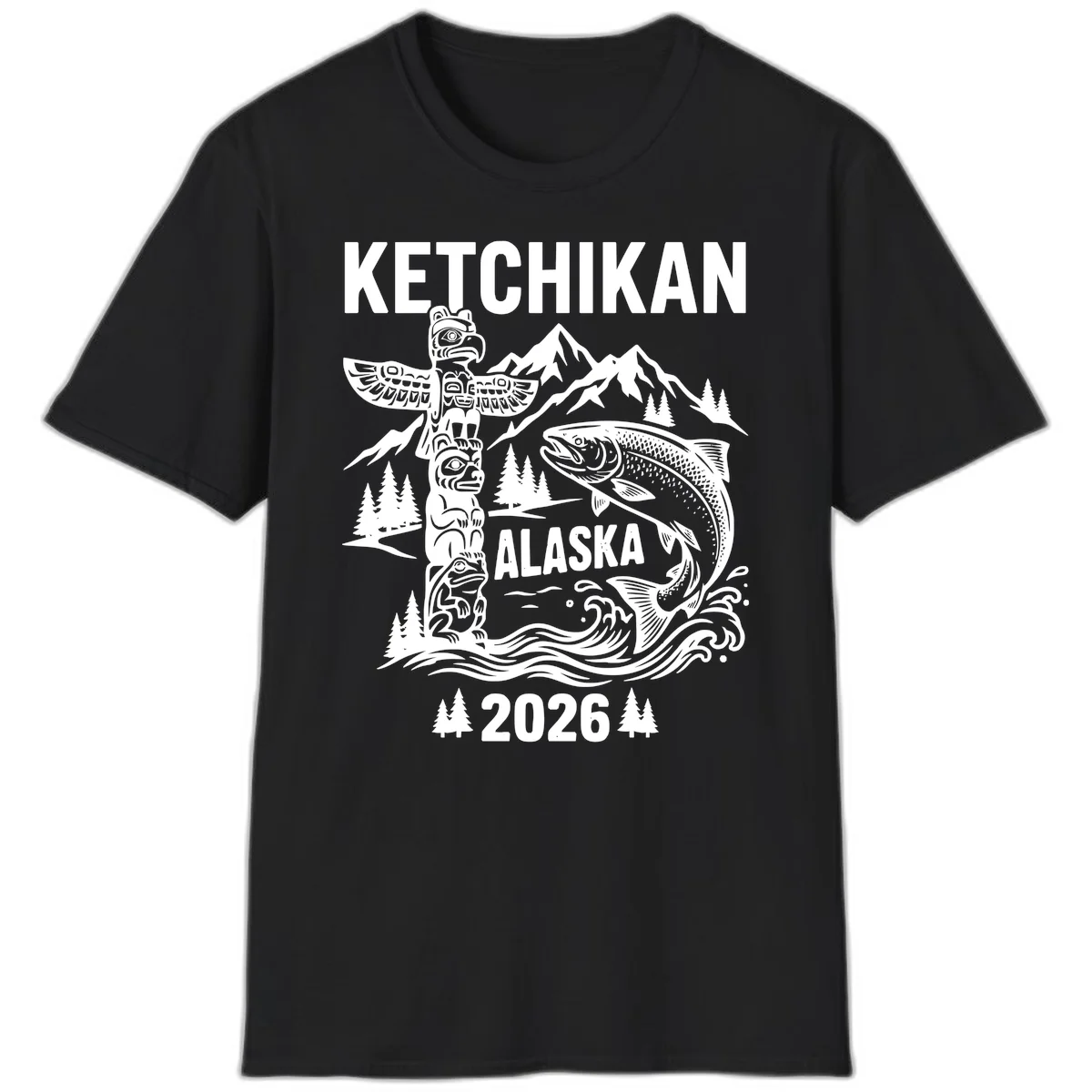 Ketchikan Alaska Totem and Salmon Scene 2026 T-Shirt in Black