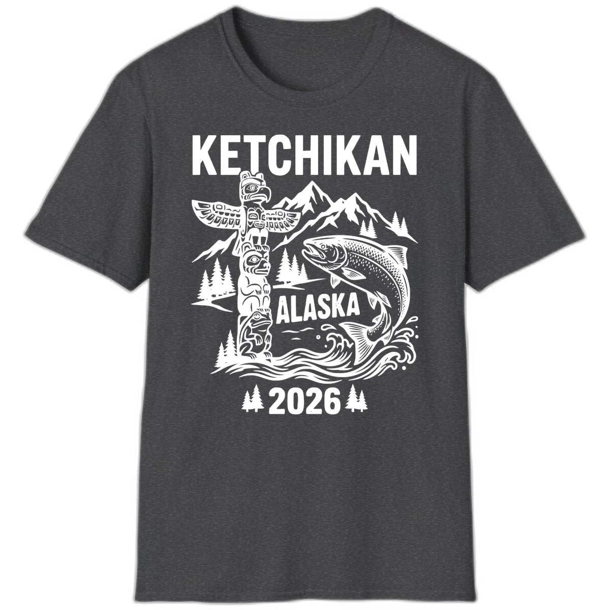 Ketchikan Alaska Totem and Salmon Scene 2026 T-Shirt in Dark Heather