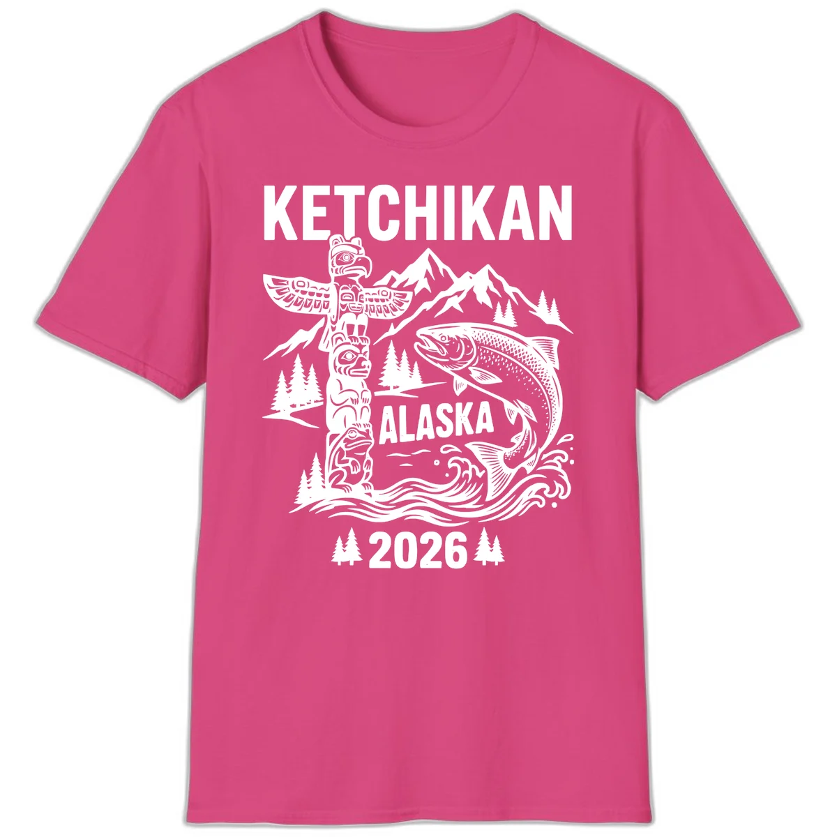 Ketchikan Alaska Totem and Salmon Scene 2026 T-Shirt in Heliconia