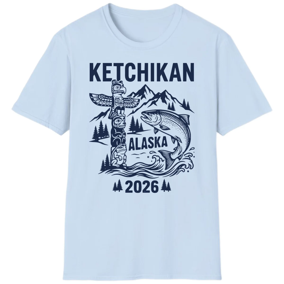 Ketchikan Alaska Totem and Salmon Scene 2026 T-Shirt in Light Blue