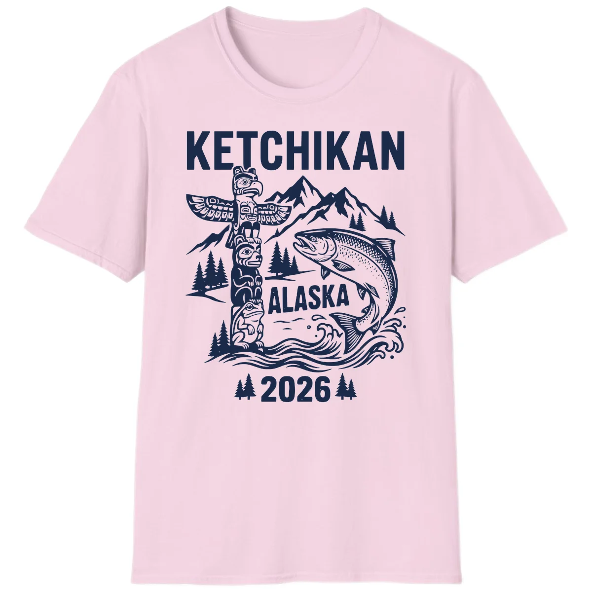 Ketchikan Alaska Totem and Salmon Scene 2026 T-Shirt in Light Pink