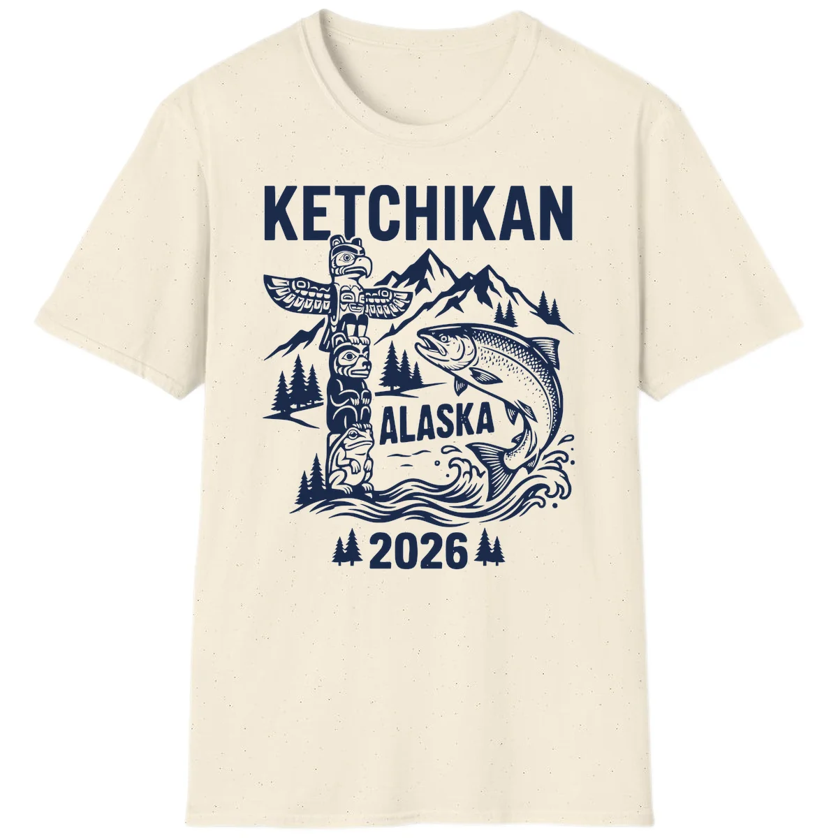 Ketchikan Alaska Totem and Salmon Scene 2026 T-Shirt in Natural